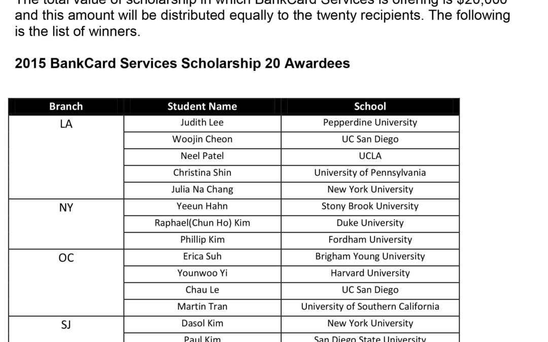 2015 BANKCARD SERVICES SCHOLARSHIP AWARDS WINNERS