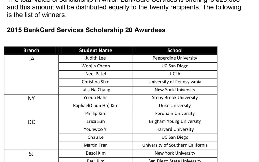 2015 BANKCARD SERVICES SCHOLARSHIP AWARDS WINNERS